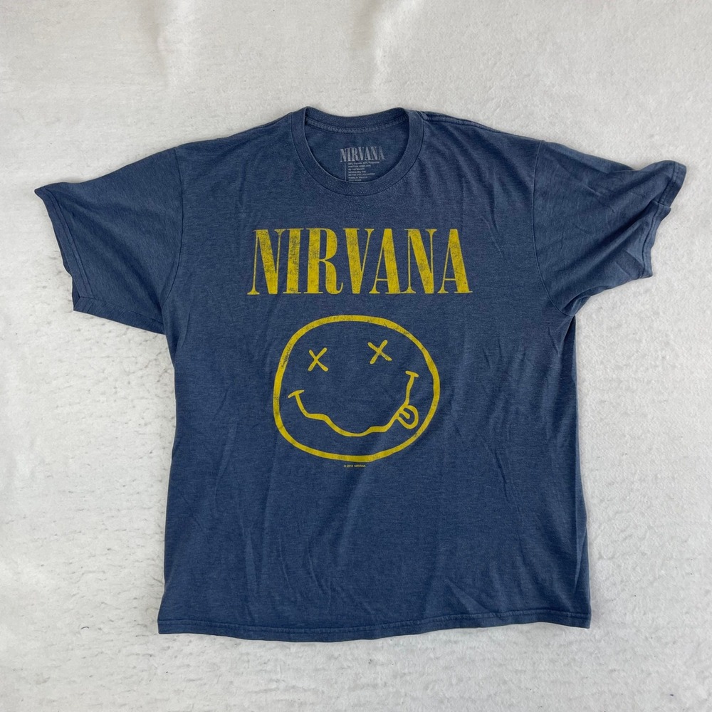 Nirvana Graphic T-Shirt Mens XL Blue 2018 Smiley Face Band Tee Short Sleeve